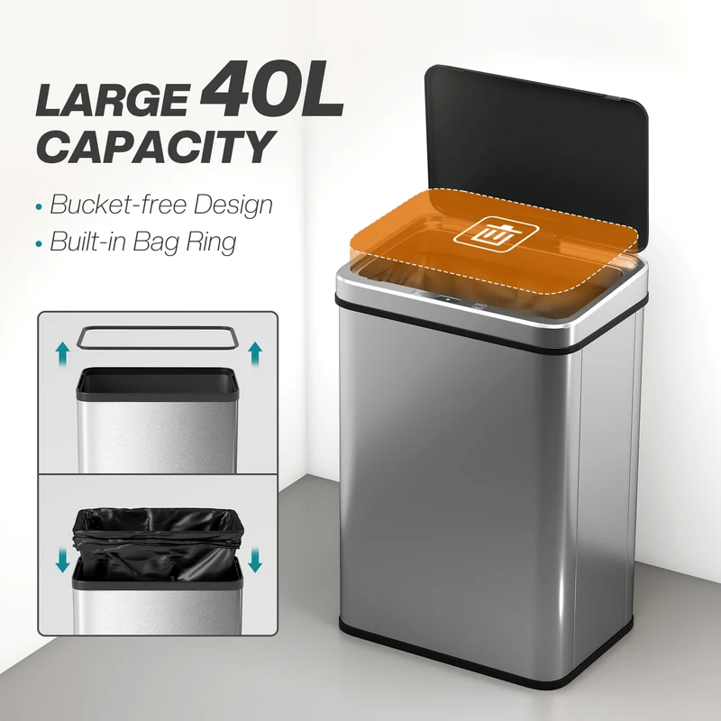 Poubelle à capteur 40 l cuisine 35 x 26 x 55 cm ouverture rapide fermeture douce moderne en acier inoxydable argenté 21_0005943