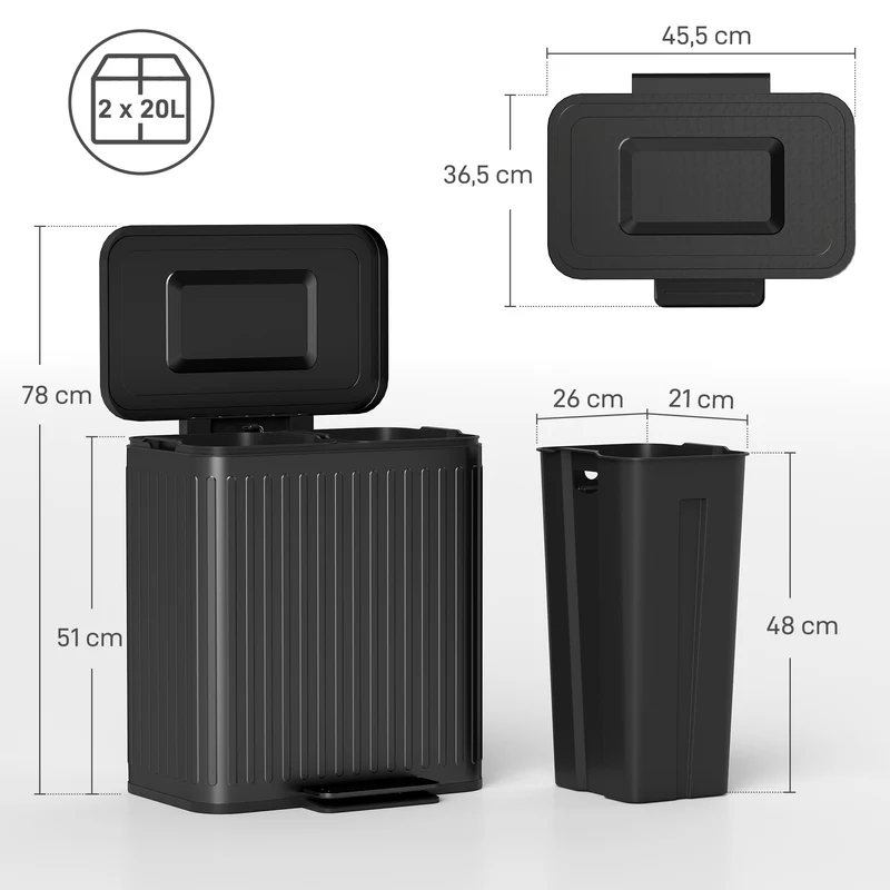 Poubelle double cuisine 45,5 x 36,5 x 51 cm 2 x 20 l pédale seaux amovibles couvercle maintien moderne en métal noir 21_0005901