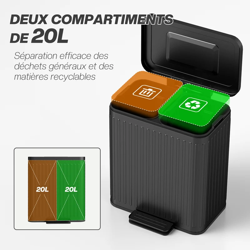 Poubelle double cuisine 45,5 x 36,5 x 51 cm 2 x 20 l pédale seaux amovibles couvercle maintien moderne en métal noir 21_0005901