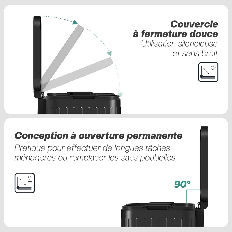 Poubelle double cuisine 45,5 x 36,5 x 51 cm 2 x 20 l pédale seaux amovibles couvercle maintien moderne en métal noir 21_0005901