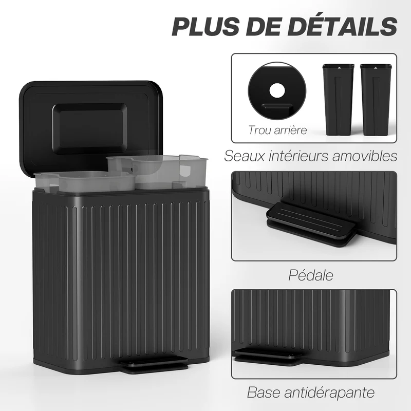 Poubelle double cuisine 45,5 x 36,5 x 51 cm 2 x 20 l pédale seaux amovibles couvercle maintien moderne en métal noir 21_0005901
