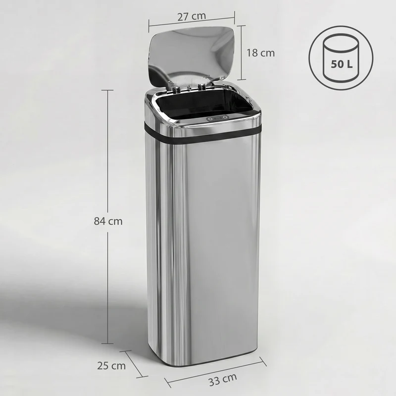 Poubelle automatique à capteur ouverture mains libres 33 x 25 x 84 cm 50 l hygiénique moderne en acier inoxydable argent 21_0005899