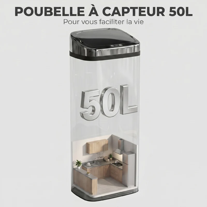 Poubelle automatique à capteur ouverture mains libres 33 x 25 x 84 cm 50 l hygiénique moderne en acier inoxydable argent 21_0005899