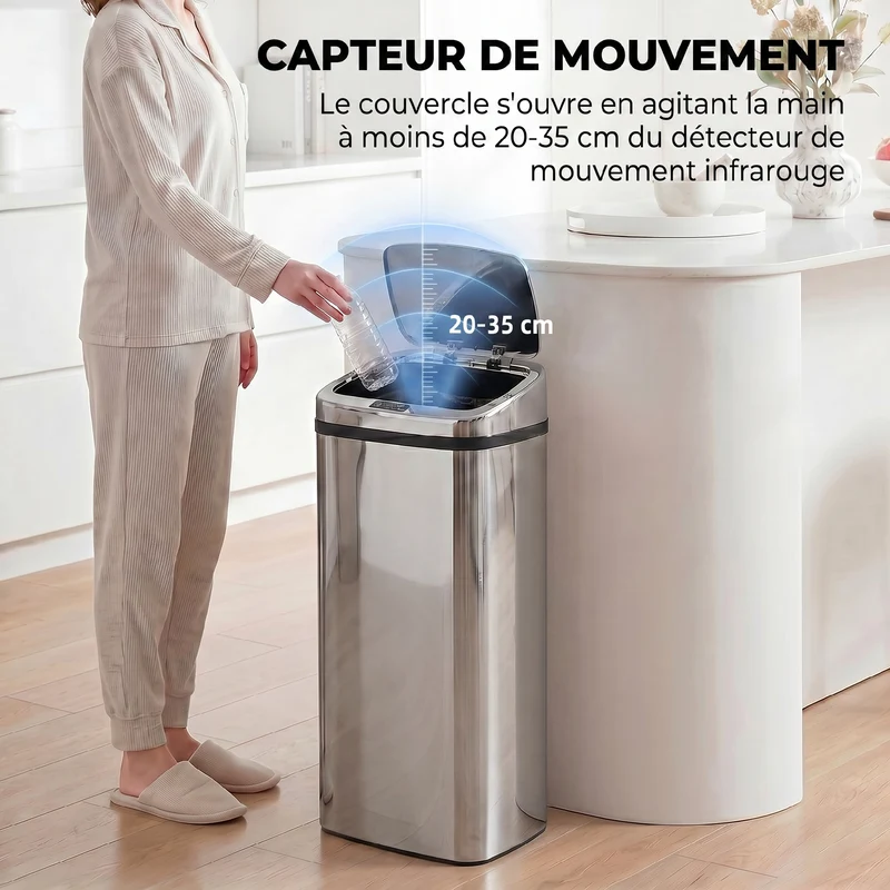Poubelle automatique à capteur ouverture mains libres 33 x 25 x 84 cm 50 l hygiénique moderne en acier inoxydable argent 21_0005899