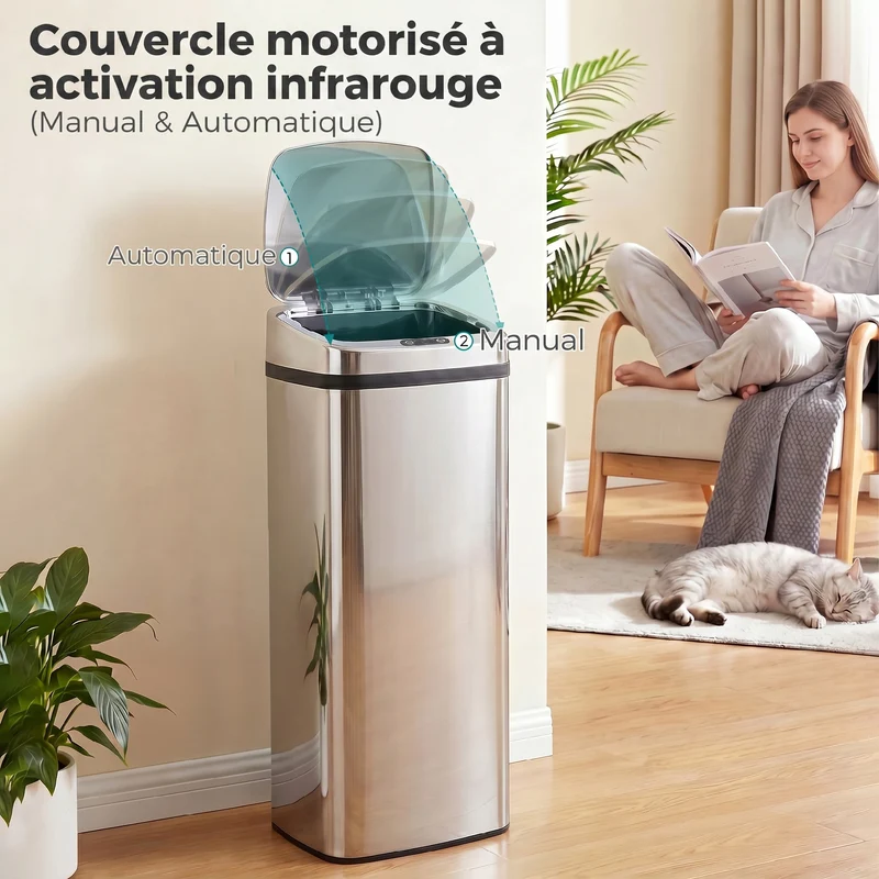 Poubelle automatique à capteur ouverture mains libres 33 x 25 x 84 cm 50 l hygiénique moderne en acier inoxydable argent 21_0005899