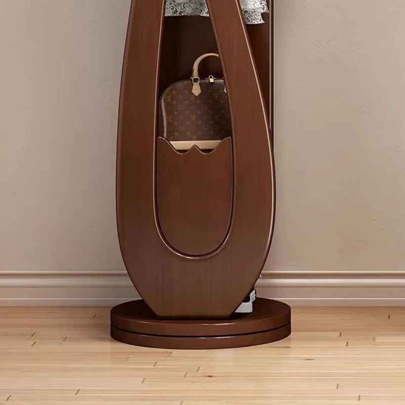Traditional Chinese Round Pipa-Shaped Rubberwood Eucalyptus Wood Glass Rotating Full-Length Floor Mirror 2-Tier For Living Room
