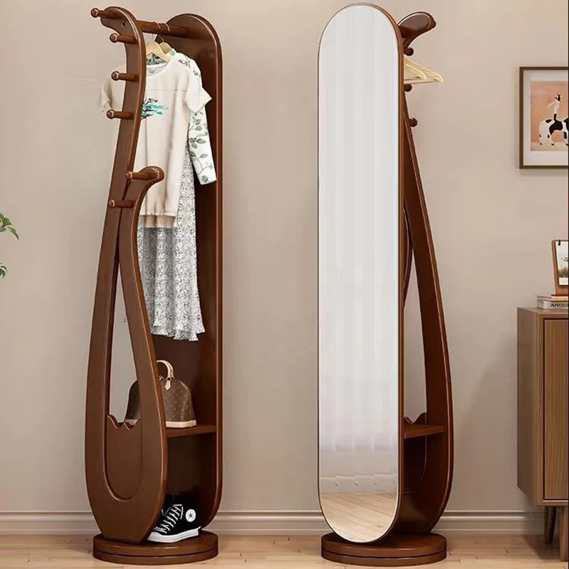 Traditional Chinese Round Pipa-Shaped Rubberwood Eucalyptus Wood Glass Rotating Full-Length Floor Mirror 2-Tier For Living Room