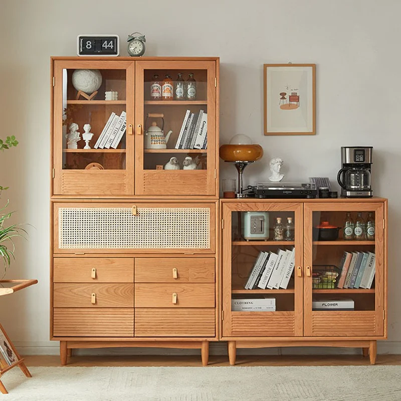 Contemporary Nordic Rectangular Solid Pine Wood Plywood Natural Rattan Tempered Glass Storage Cabinet 6-Drawer For Living Room