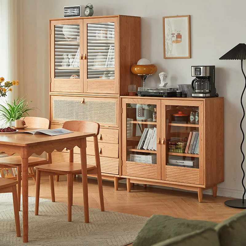 Contemporary Nordic Rectangular Solid Pine Wood Plywood Natural Rattan Tempered Glass Storage Cabinet 6-Drawer For Living Room