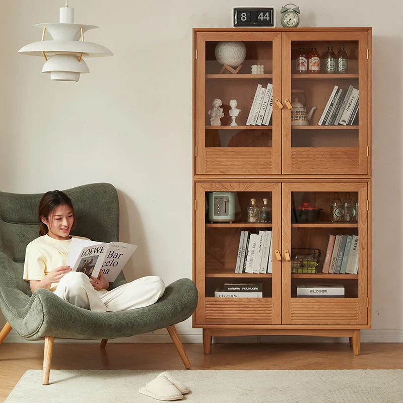 Contemporary Nordic Rectangular Solid Pine Wood Plywood Natural Rattan Tempered Glass Storage Cabinet 6-Drawer For Living Room