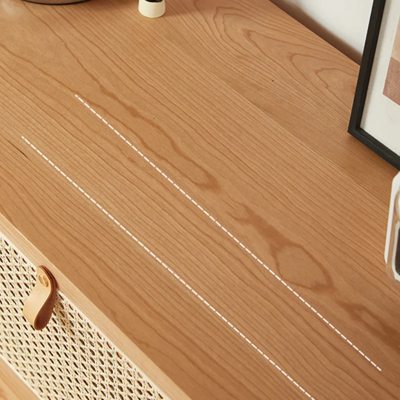 Contemporary Nordic Rectangular Solid Pine Wood Plywood Natural Rattan Tempered Glass Storage Cabinet 6-Drawer For Living Room