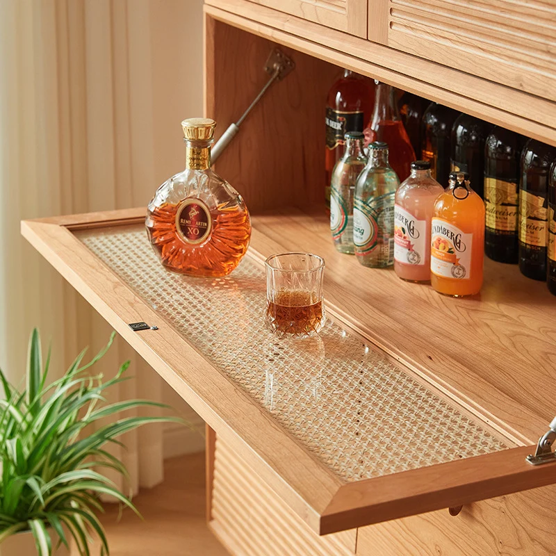Contemporary Nordic Rectangular Solid Pine Wood Plywood Natural Rattan Tempered Glass Storage Cabinet 6-Drawer For Living Room