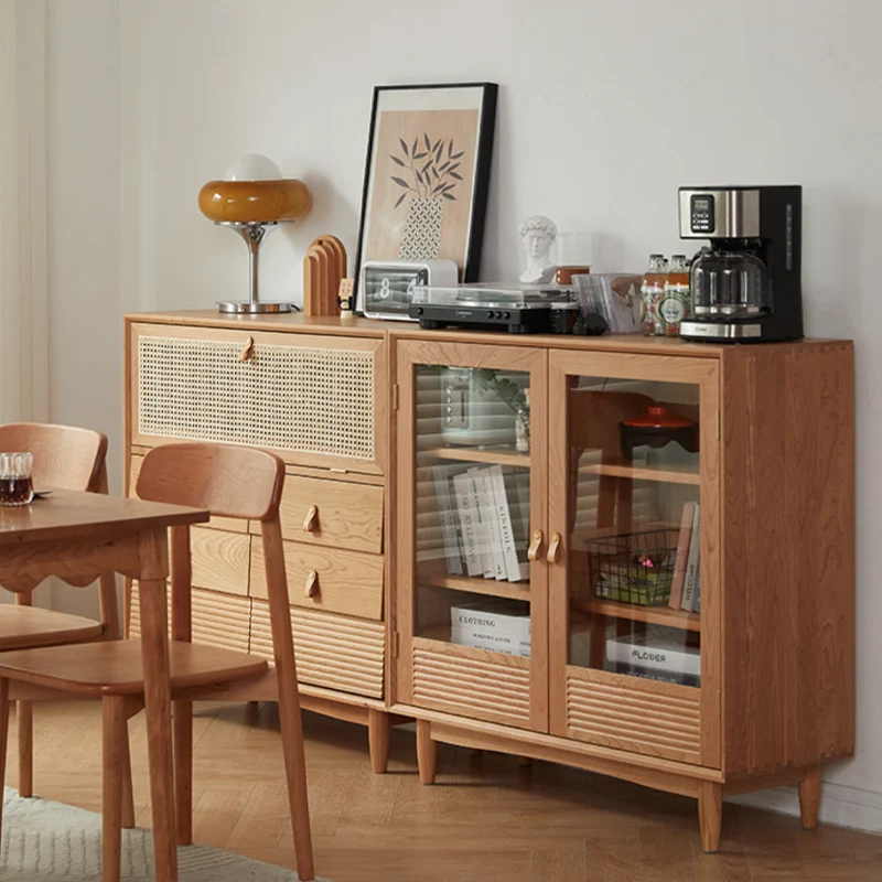 Contemporary Nordic Rectangular Solid Pine Wood Plywood Natural Rattan Tempered Glass Storage Cabinet 6-Drawer For Living Room