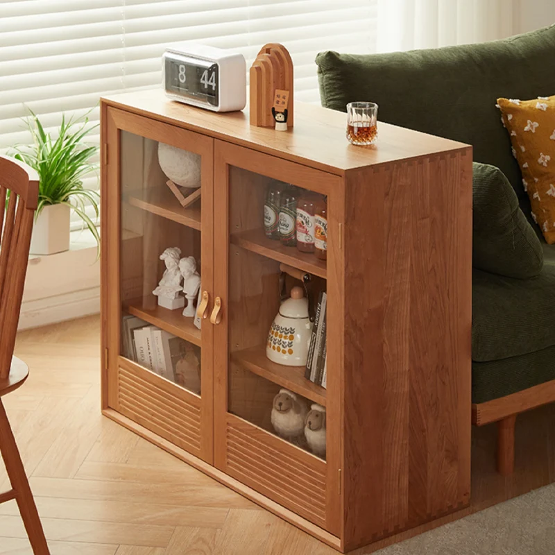 Contemporary Nordic Rectangular Solid Pine Wood Plywood Natural Rattan Tempered Glass Storage Cabinet 6-Drawer For Living Room