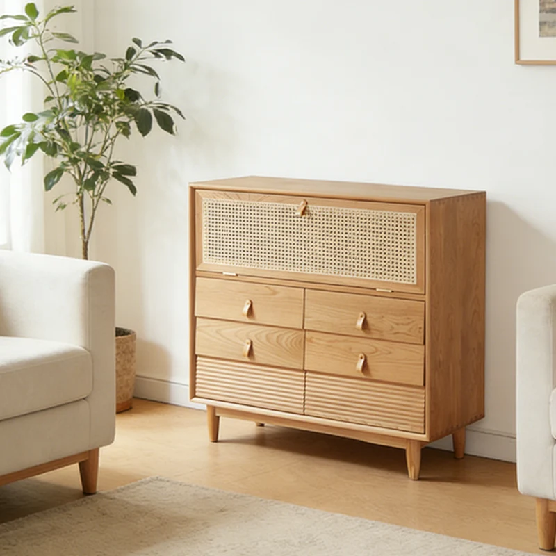 Contemporary Nordic Rectangular Solid Pine Wood Plywood Natural Rattan Tempered Glass Storage Cabinet 6-Drawer For Living Room