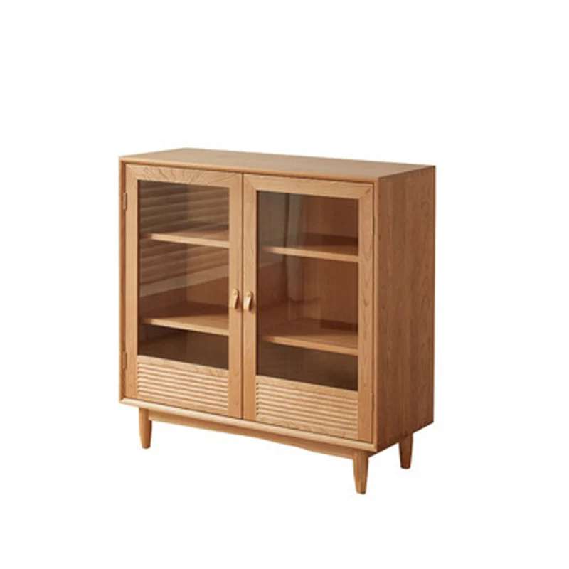 Contemporary Nordic Rectangular Solid Pine Wood Plywood Natural Rattan Tempered Glass Storage Cabinet 6-Drawer For Living Room