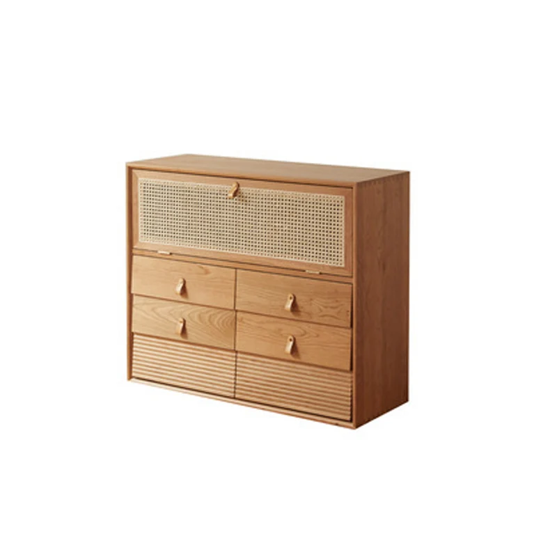 Contemporary Nordic Rectangular Solid Pine Wood Plywood Natural Rattan Tempered Glass Storage Cabinet 6-Drawer For Living Room