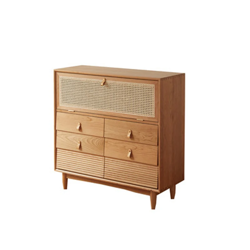 Contemporary Nordic Rectangular Solid Pine Wood Plywood Natural Rattan Tempered Glass Storage Cabinet 6-Drawer For Living Room