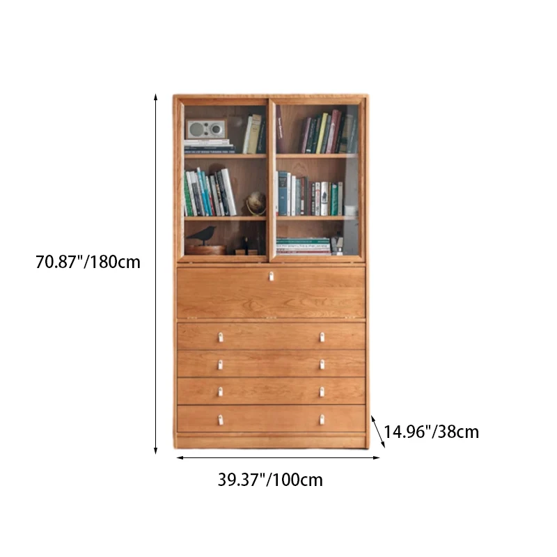 Contemporary Nordic Rectangular Cherry Wood Plywood Glass Storage Cabinet 4-Drawer For Living Room