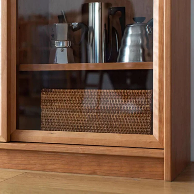 Contemporary Nordic Rectangular Cherry Wood Plywood Glass Storage Cabinet 4-Drawer For Living Room