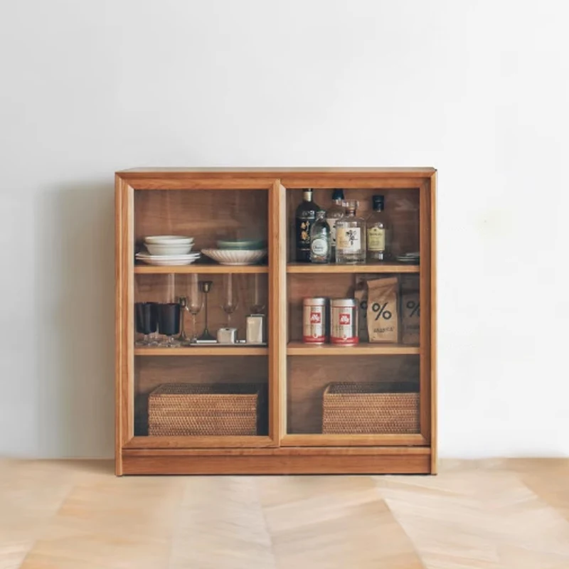 Contemporary Nordic Rectangular Cherry Wood Plywood Glass Storage Cabinet 4-Drawer For Living Room