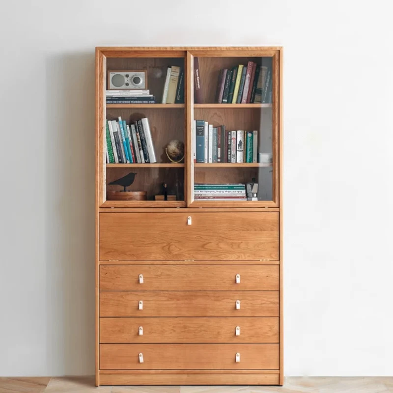 Contemporary Nordic Rectangular Cherry Wood Plywood Glass Storage Cabinet 4-Drawer For Living Room