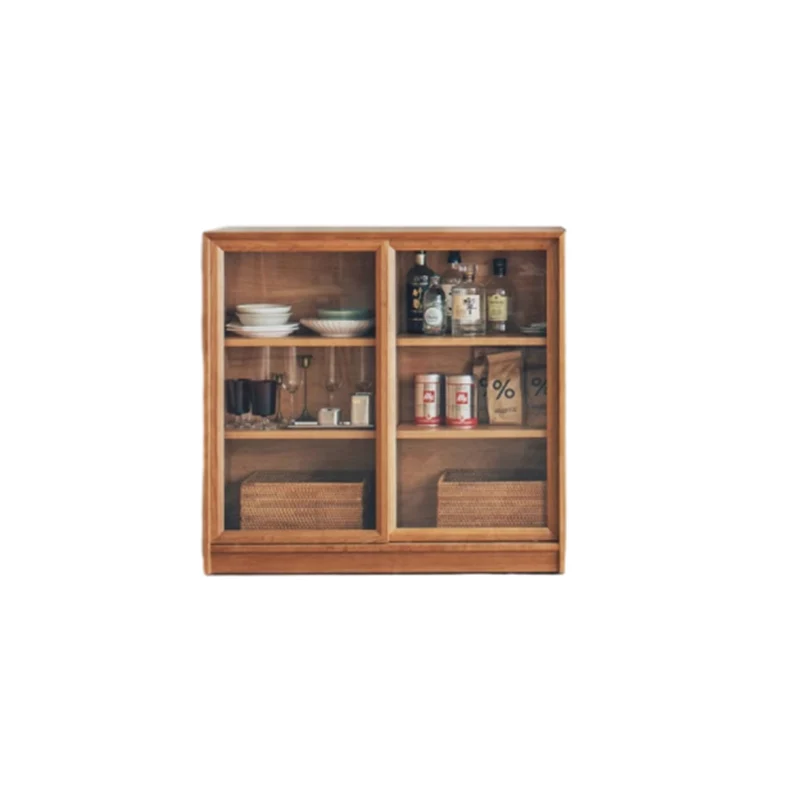 Contemporary Nordic Rectangular Cherry Wood Plywood Glass Storage Cabinet 4-Drawer For Living Room