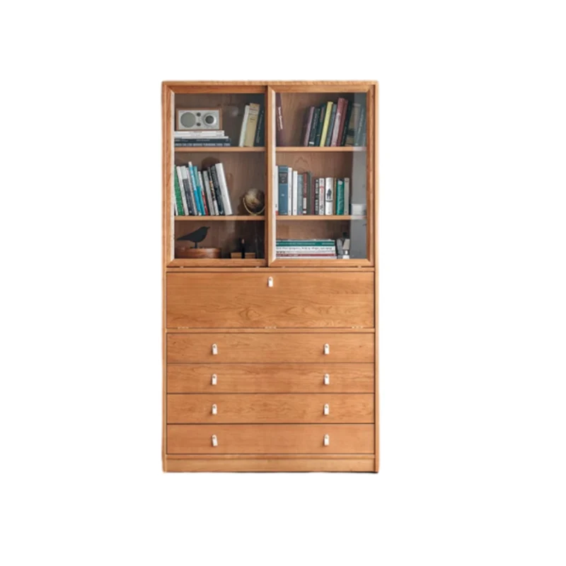 Contemporary Nordic Rectangular Cherry Wood Plywood Glass Storage Cabinet 4-Drawer For Living Room