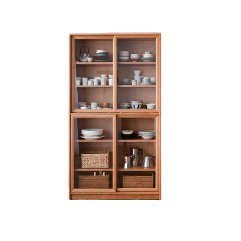Contemporary Nordic Rectangular Cherry Wood Plywood Glass Storage Cabinet 4-Drawer For Living Room