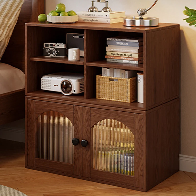 Traditional Vintage Plywood Rubber Wood Glass Rattan Rectangular Storage Cabinet 1-Tier For Living Room