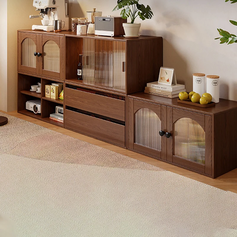 Traditional Vintage Plywood Rubber Wood Glass Rattan Rectangular Storage Cabinet 1-Tier For Living Room