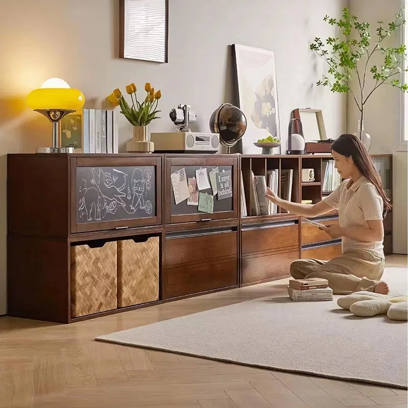 Traditional Vintage Plywood Rubber Wood Glass Rattan Rectangular Storage Cabinet 1-Tier For Living Room