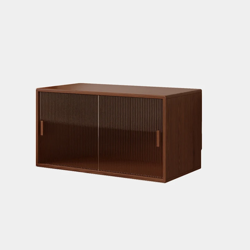 Traditional Vintage Plywood Rubber Wood Glass Rattan Rectangular Storage Cabinet 1-Tier For Living Room