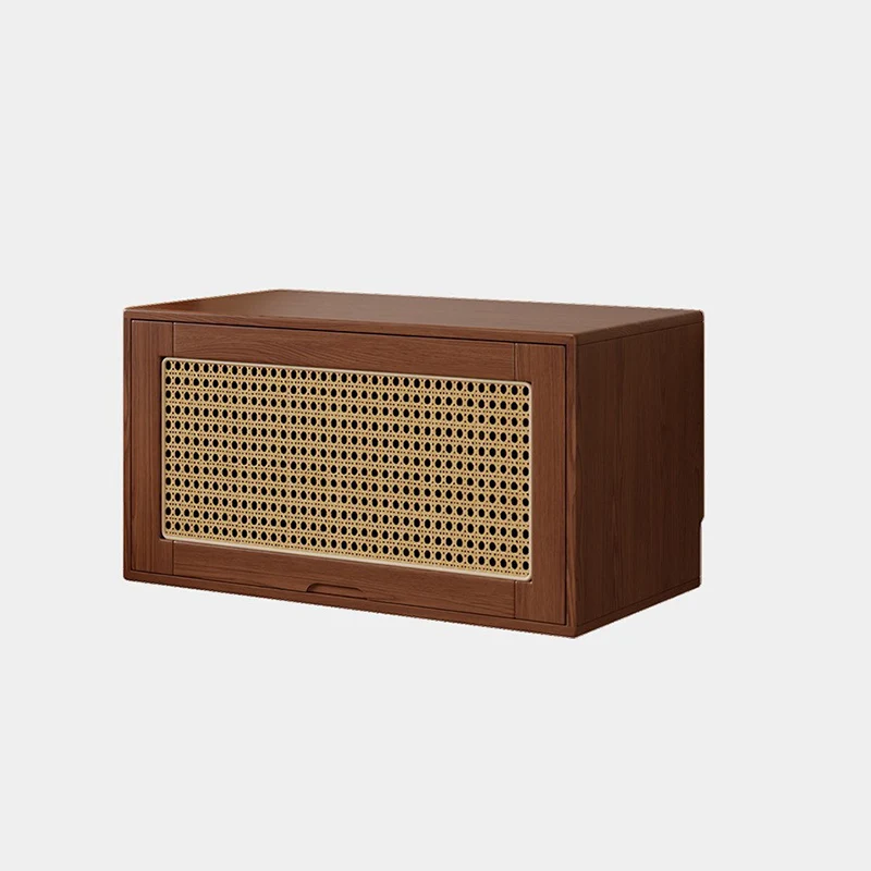 Traditional Vintage Plywood Rubber Wood Glass Rattan Rectangular Storage Cabinet 1-Tier For Living Room