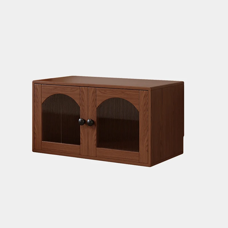 Traditional Vintage Plywood Rubber Wood Glass Rattan Rectangular Storage Cabinet 1-Tier For Living Room