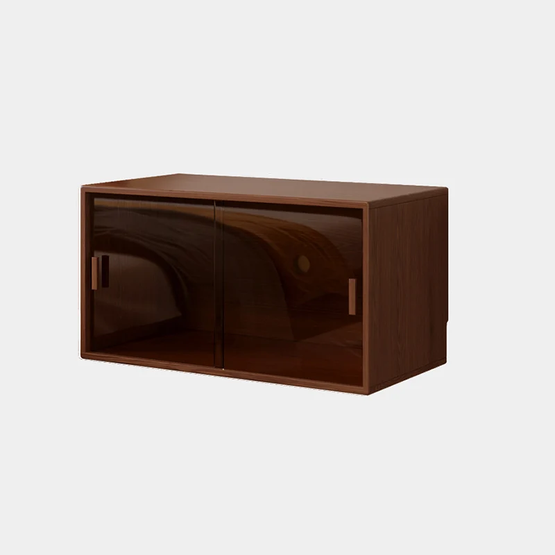 Traditional Vintage Plywood Rubber Wood Glass Rattan Rectangular Storage Cabinet 1-Tier For Living Room