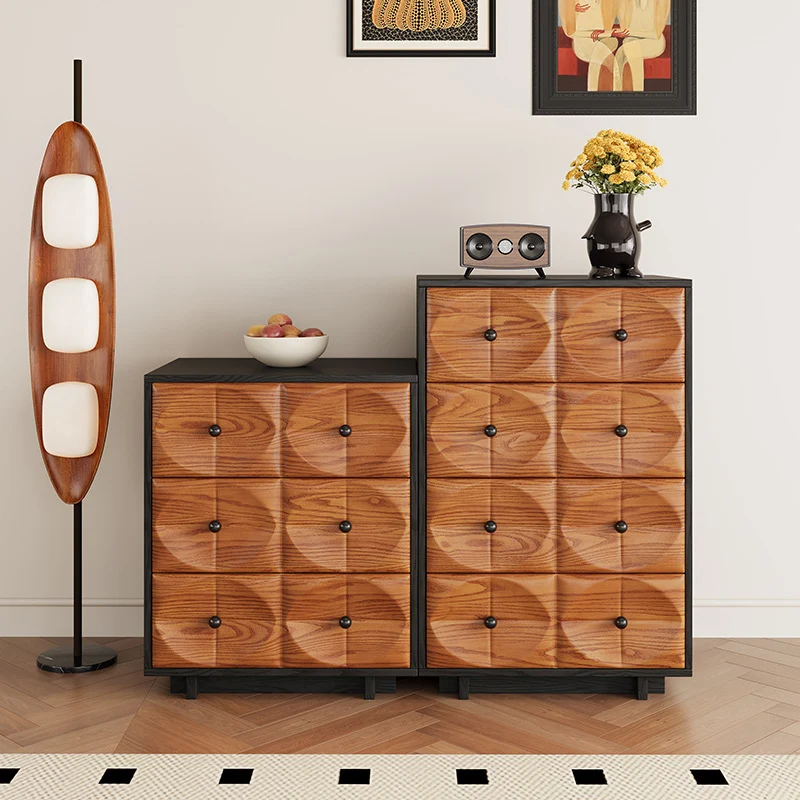 Traditional Chinese Red Oak Spherical Rectangular Storage Cabinet 3/4/5-Drawer For Living Room