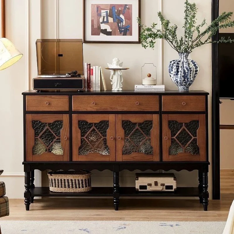 Traditional French Pine Wood Glass Rectangular Diamond Cylindrical Storage Cabinet 3-Drawer For Living Room