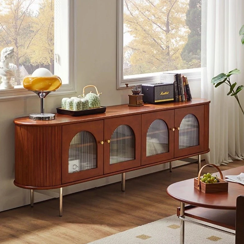 Traditional Chinese Pine Wood Glass Metal Arched Curved Cylindrical Storage Cabinet 4-Storage For Living Room