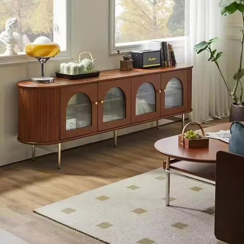Traditional Chinese Pine Wood Glass Metal Arched Curved Cylindrical Storage Cabinet 4-Storage For Living Room
