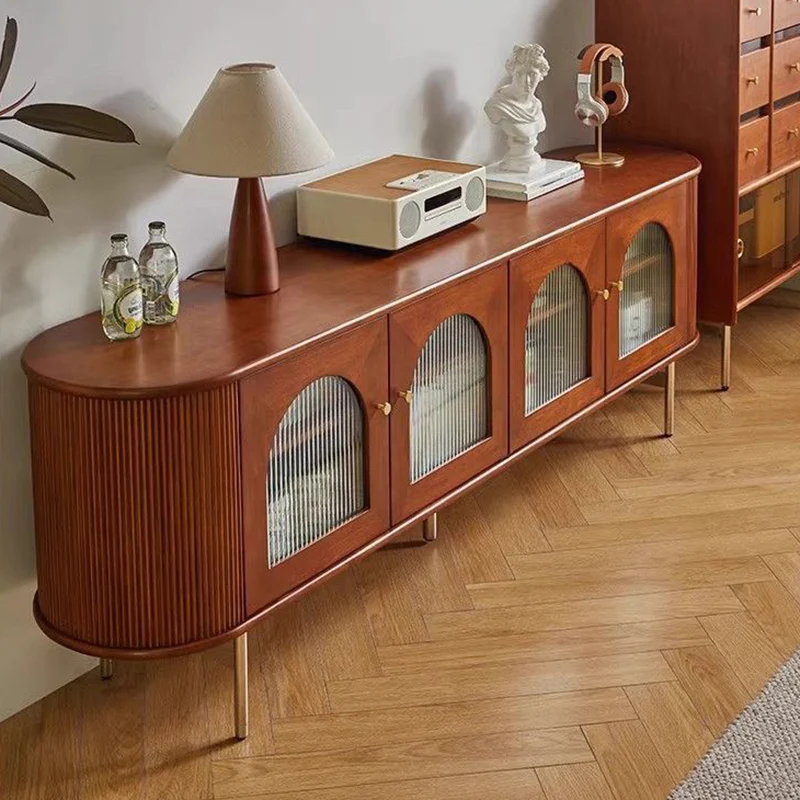 Traditional Chinese Pine Wood Glass Metal Arched Curved Cylindrical Storage Cabinet 4-Storage For Living Room
