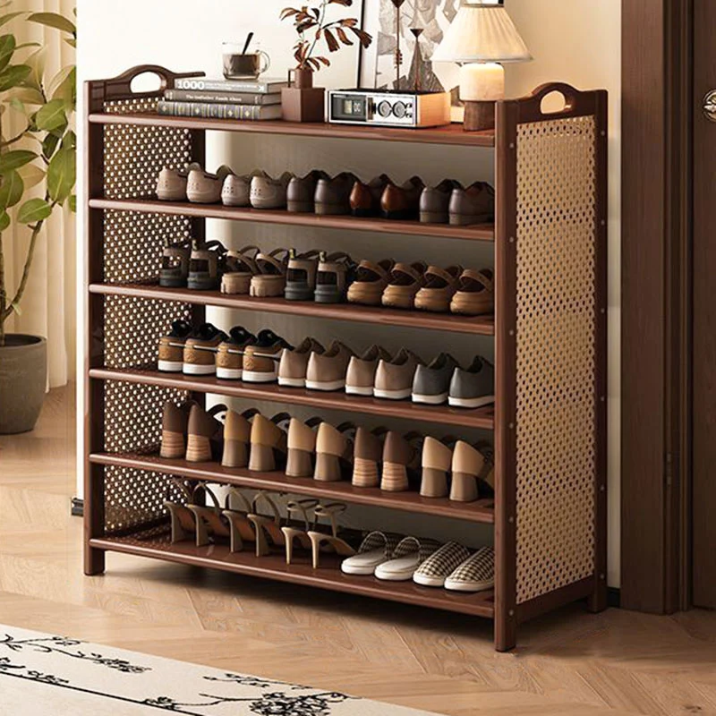 Contemporary Retro Nan Bamboo MDF Plastic Rattan Rectangular Shoe Storage 6/7-Tier For Entryway