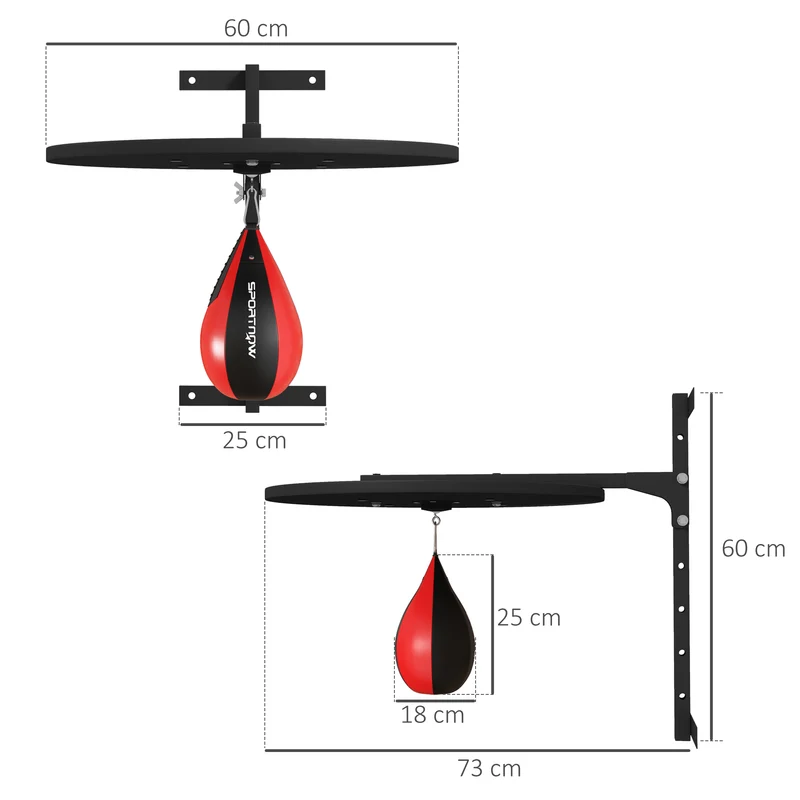 Plateforme murale poire de vitesse pour boxe 73 x 60 x 60 cm réglable 7 niveaux pivot 360° design moderne en acier noir 21_0006843