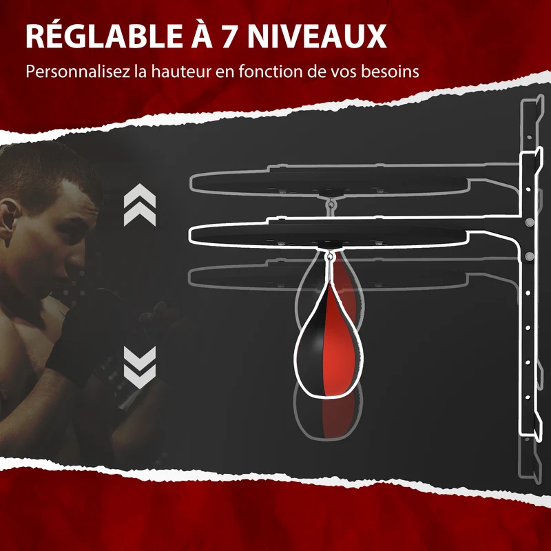 Plateforme murale poire de vitesse pour boxe 73 x 60 x 60 cm réglable 7 niveaux pivot 360° design moderne en acier noir 21_0006843