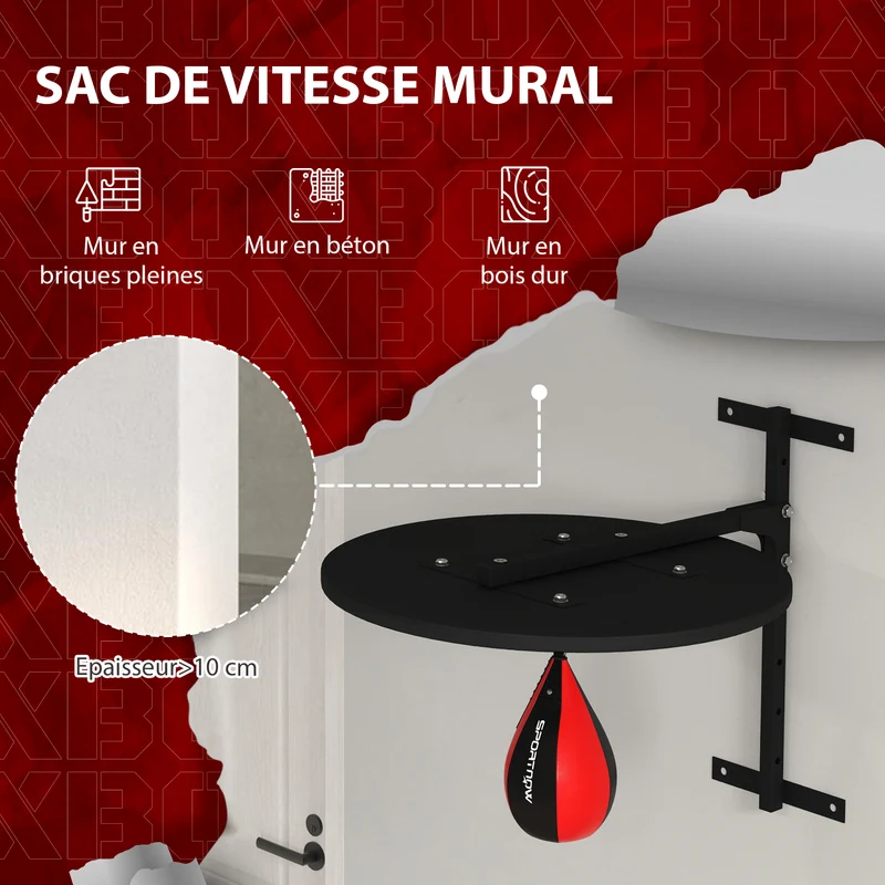 Plateforme murale poire de vitesse pour boxe 73 x 60 x 60 cm réglable 7 niveaux pivot 360° design moderne en acier noir 21_0006843
