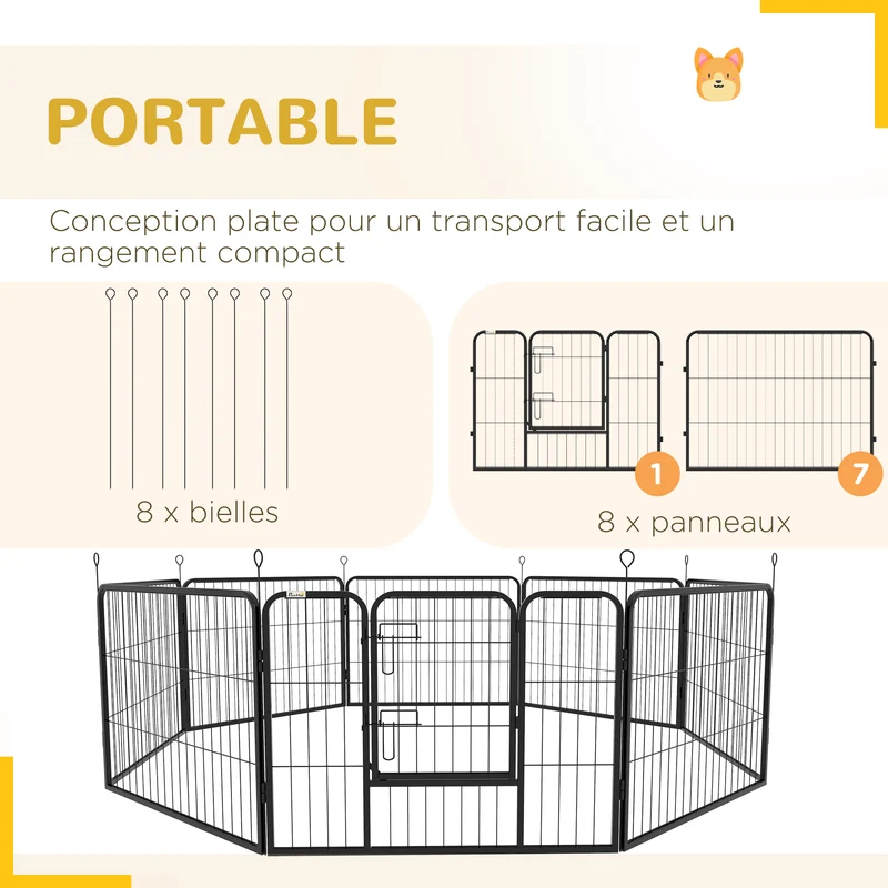 Parc enclos octogonal 80 x 60 x 60 cm porte verrouillable pliable montage rapide industriel contemporain en acier noir 21_0007420