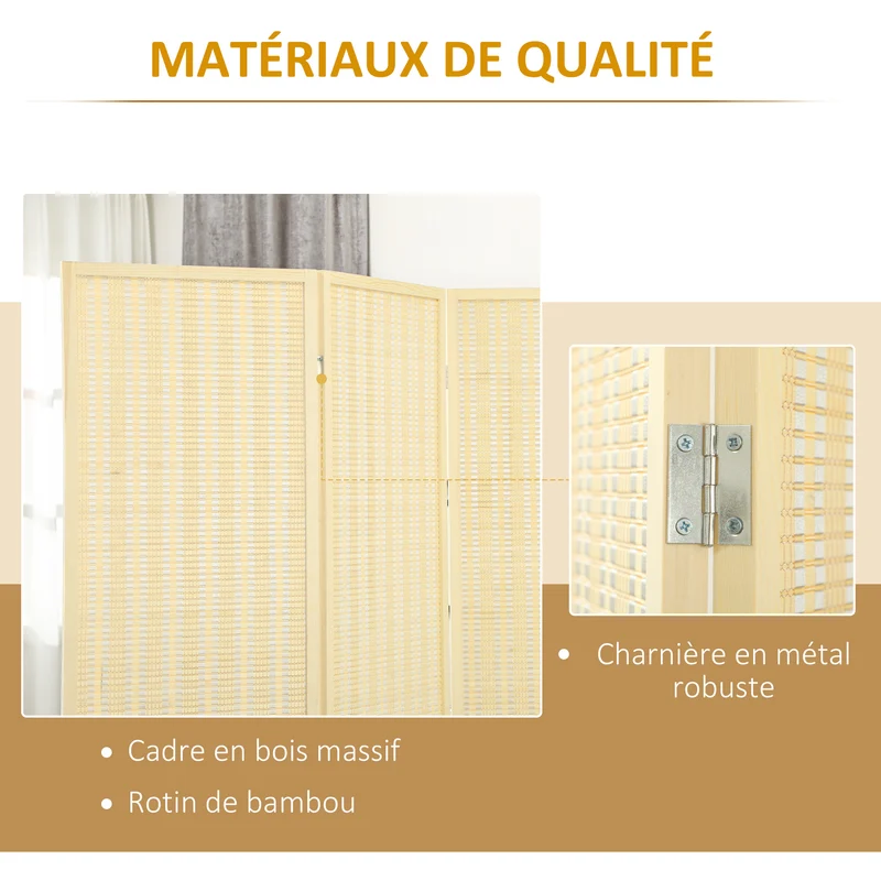 Paravent séparateur de pièce 135 x 180 cm pliable et autoportant zen style rustique décoratif en bambou bois naturel 21_0001268