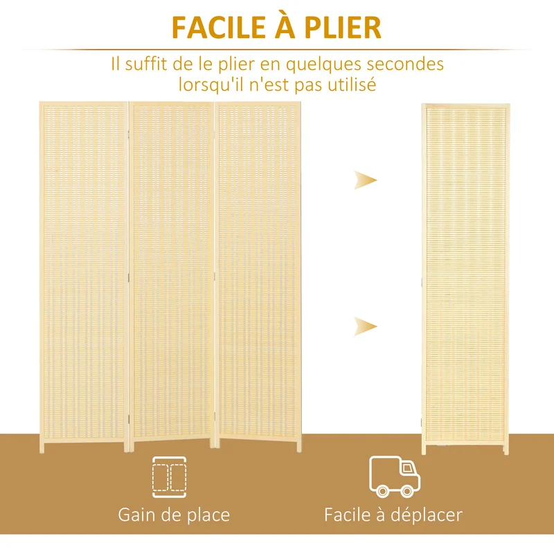 Paravent séparateur de pièce 135 x 180 cm pliable et autoportant zen style rustique décoratif en bambou bois naturel 21_0001268