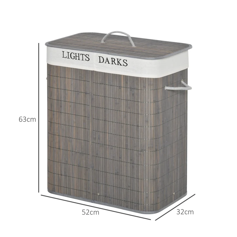 Panier à linge double bac pliable salle de bain 52 x 32 x 63 cm sac amovible lavable scandinave en bambou gris foncé 21_0005784