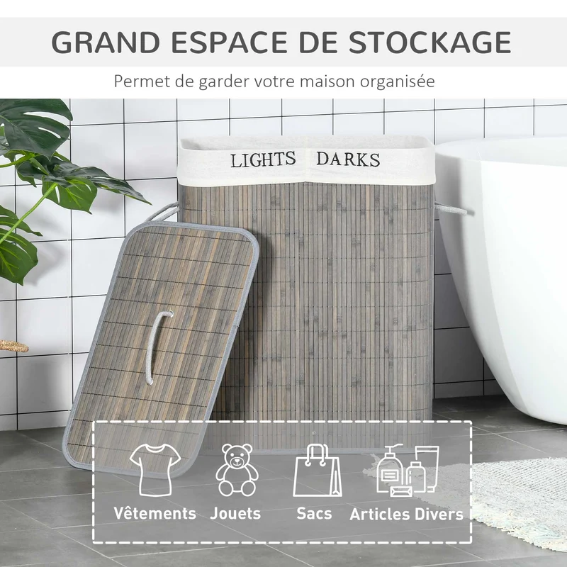 Panier à linge double bac pliable salle de bain 52 x 32 x 63 cm sac amovible lavable scandinave en bambou gris foncé 21_0005784